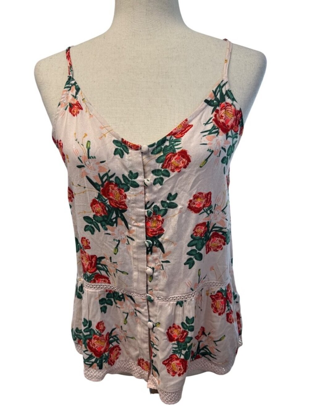 ROXY Rose Print Cami Blouse~Size Small~Pink Floral Open Stitch Trim NWD L18 02